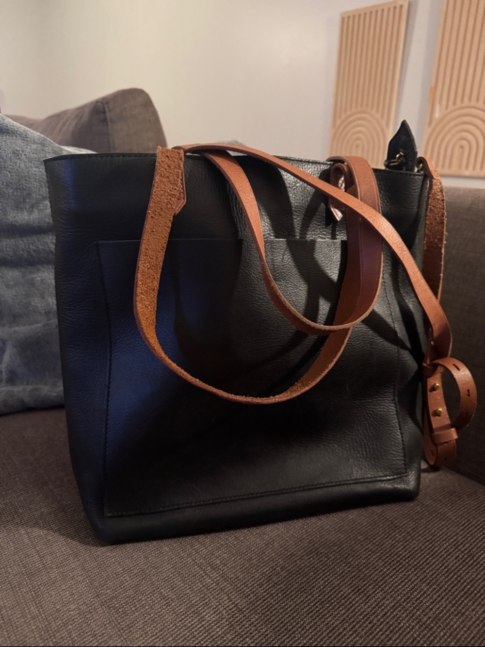 Madewell Transport Leather Tote Bag with Contrast Brown Straps - Black